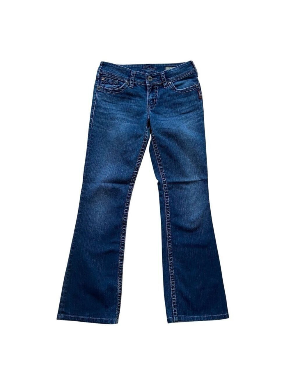 Silver jeans Suki Surplus boot cut dark blue embroidered back pockets mid low 28